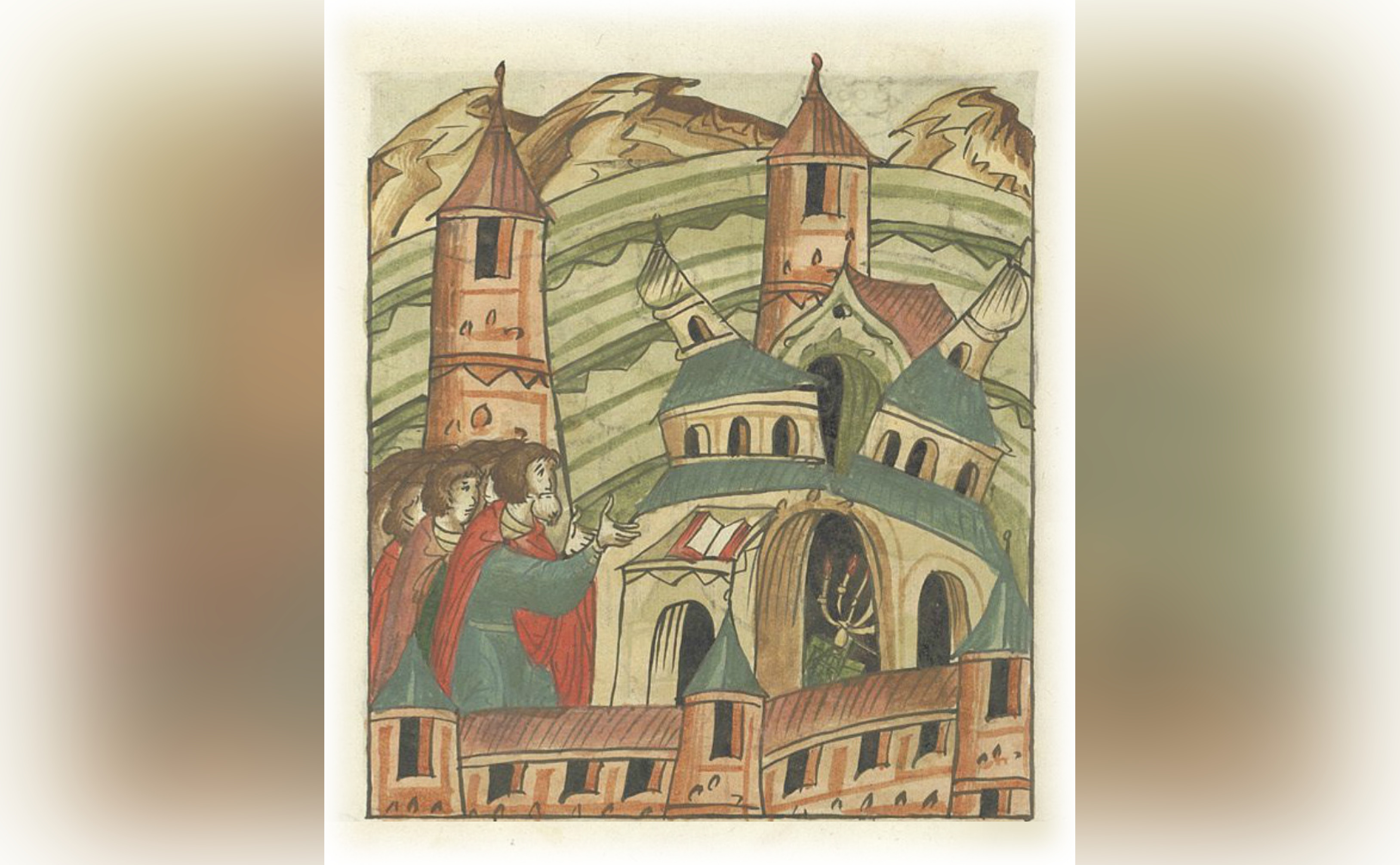 Разрушение церкви Святого Михаила в Переяславле Русском. Землетрясение 1230 года. Миниатюра из Лицевого летописного свода Ивана Грозного